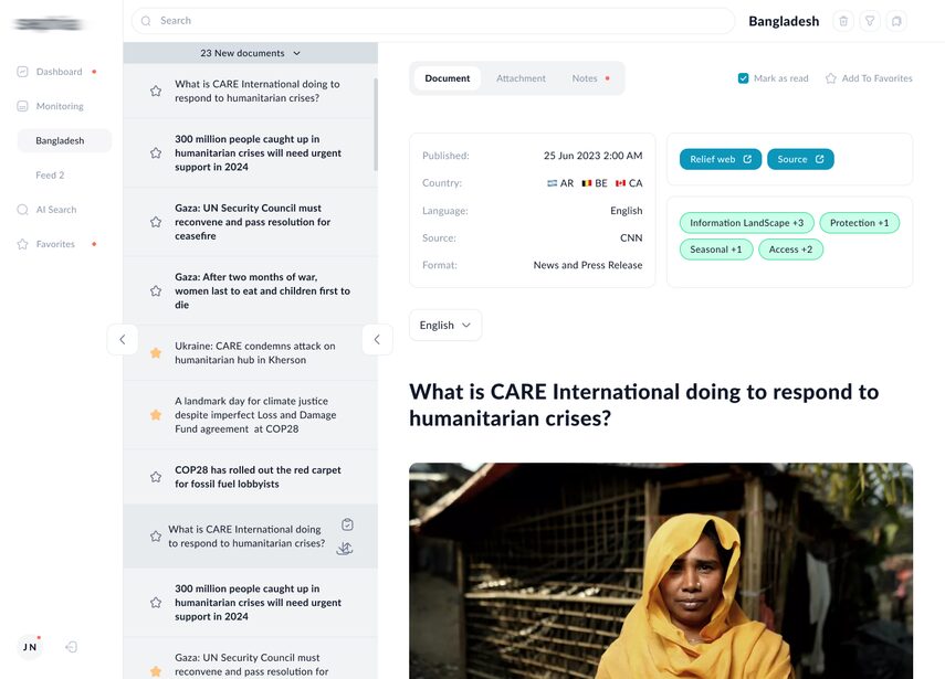 Humanitarian crisis intelligence dashboard UI